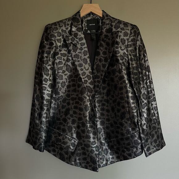 Smythe Film Fest Sharp Shoulder Blazer Metallic Leopard Size 0 Black Grey Chic - Picture 4 of 14